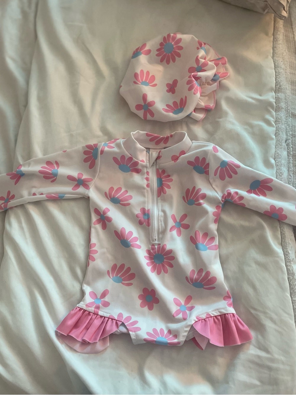 Kids Pink Floral Long-Sleeve Rash Guard Swimsuit with Swim Cap